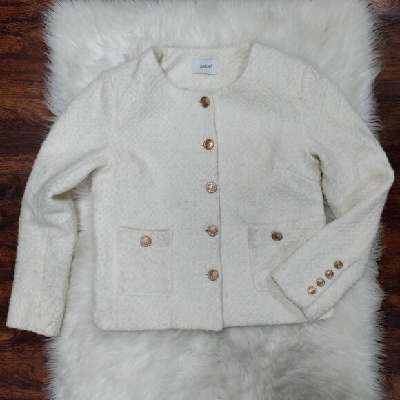 Luxelim Ivory Classic Boucle Wool Tweed Gold Tone Buttons Cropped Jacket Size XS - Picture 2 of 14